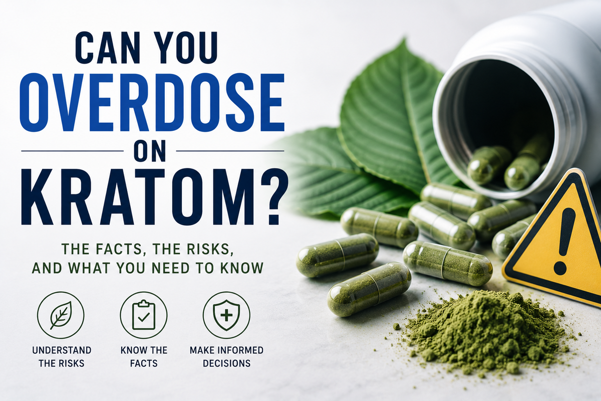 a bottle of kratom spilling on a table