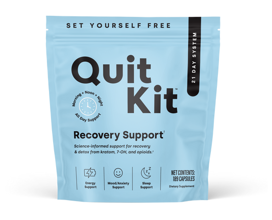 Blue 'Quit Kit' packaging with text on a white background
